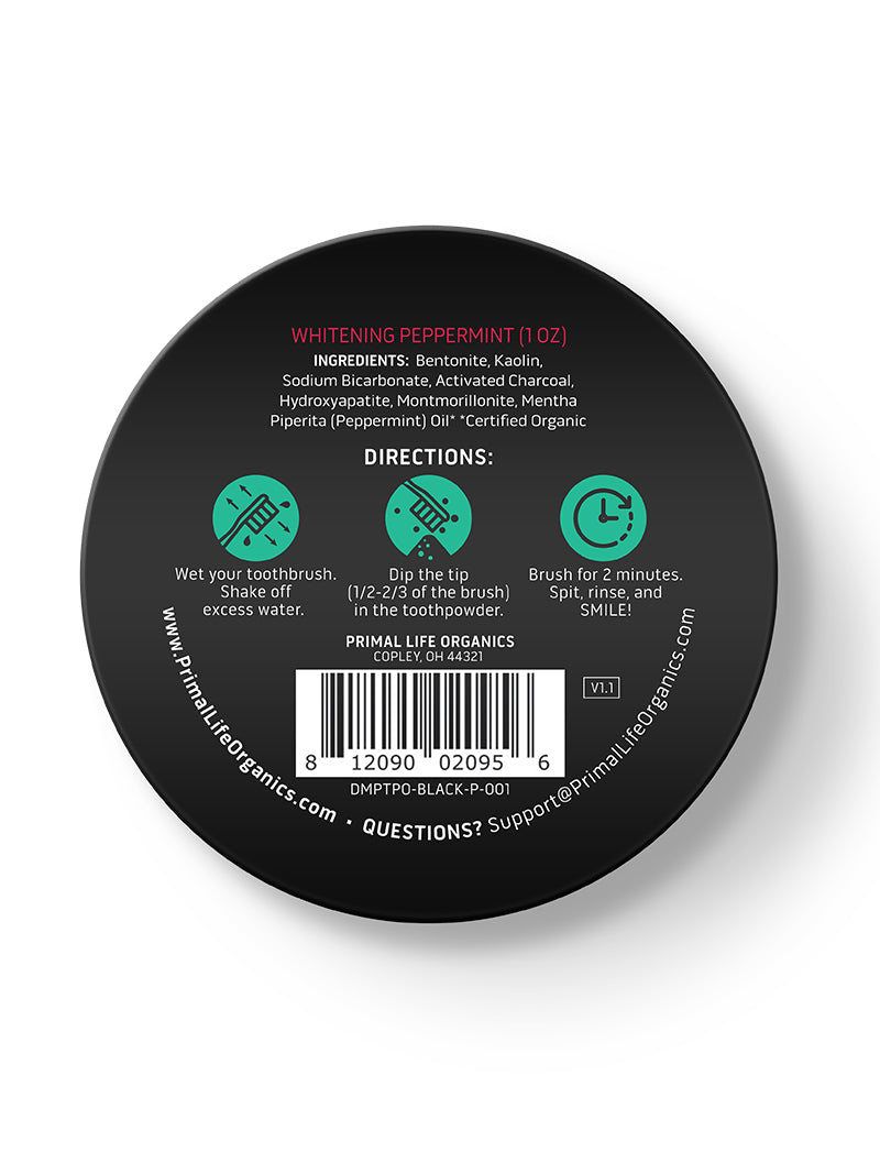 Toothpowder for dental care, gluten-free, with peppermint flavor; promotes remineralization and cavity prevention.