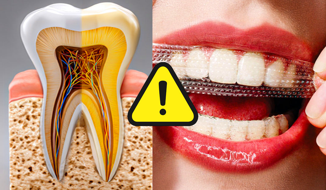 Woman examining her teeth with concern — the hidden damage of peroxide whitening
