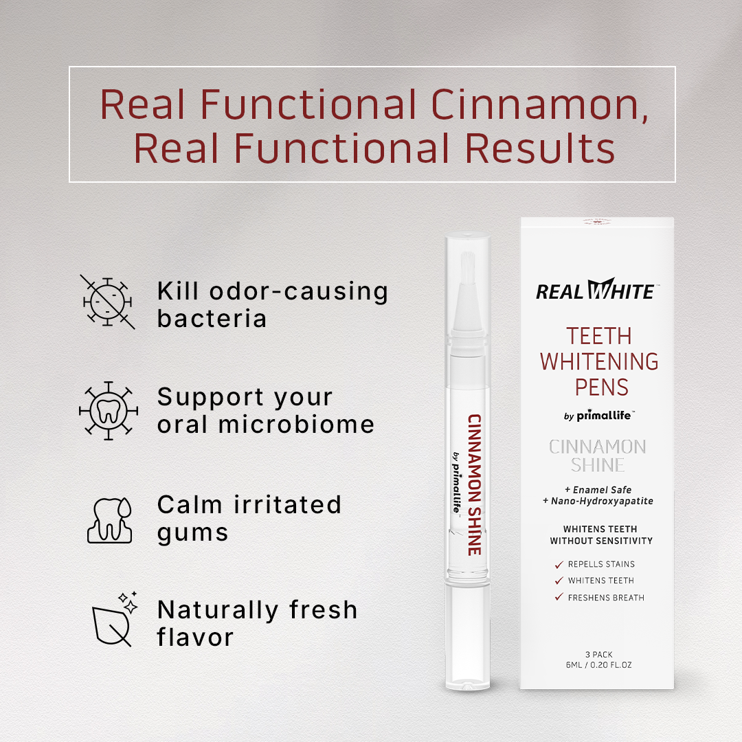 Teeth whitening pens with product packaging and features listed on a gray background