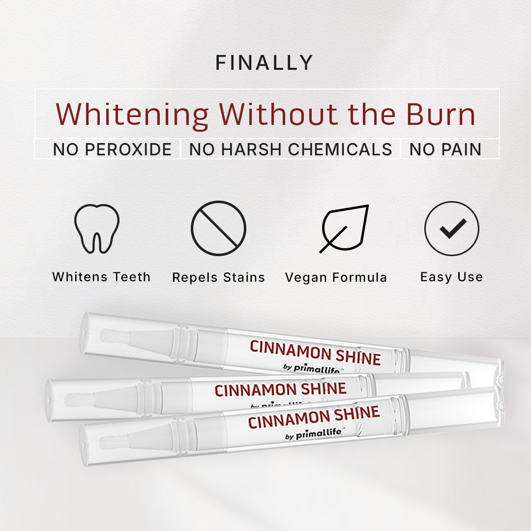 Cinnamon Shine whitening product packaging with text highlighting benefits on a light gray background