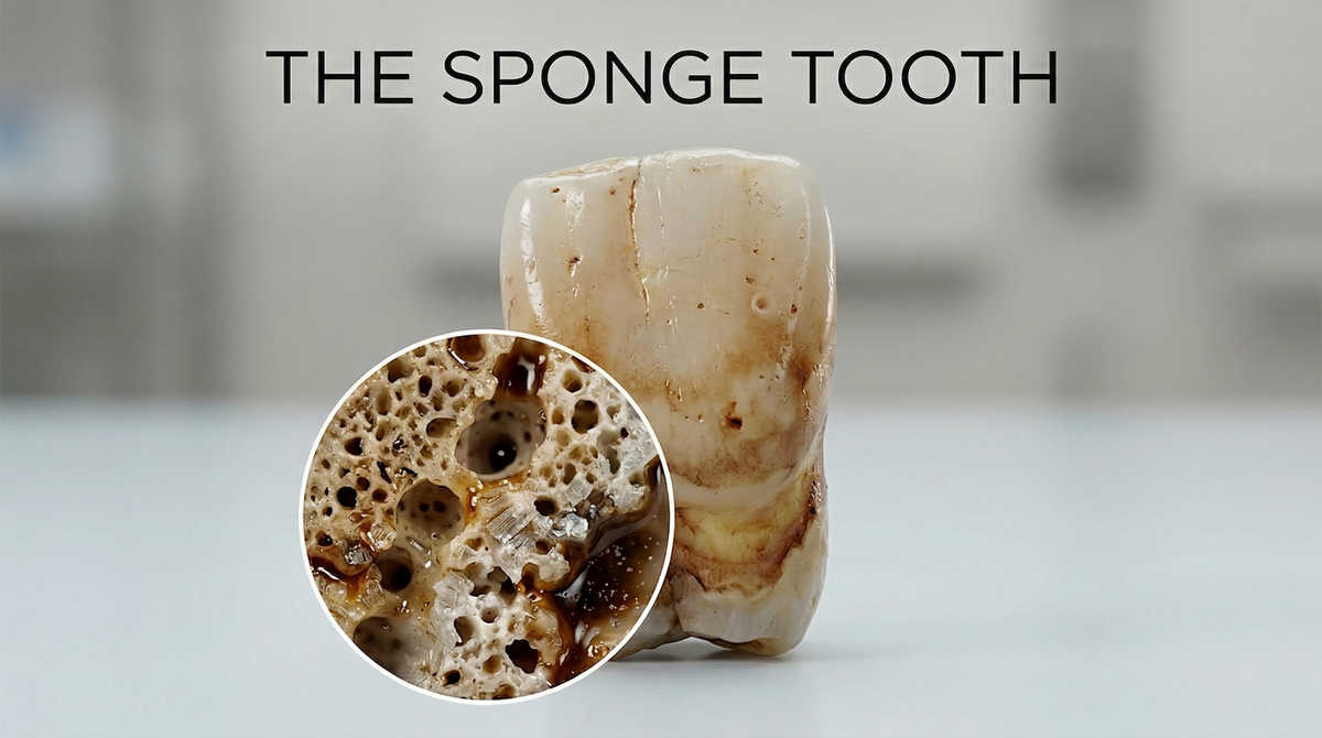 Split illustration — smooth enamel repelling stains vs. porous post-whitening enamel absorbing them