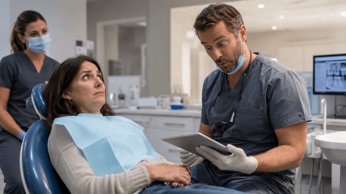 Dentist examining patient's teeth, looking pleasantly surprised